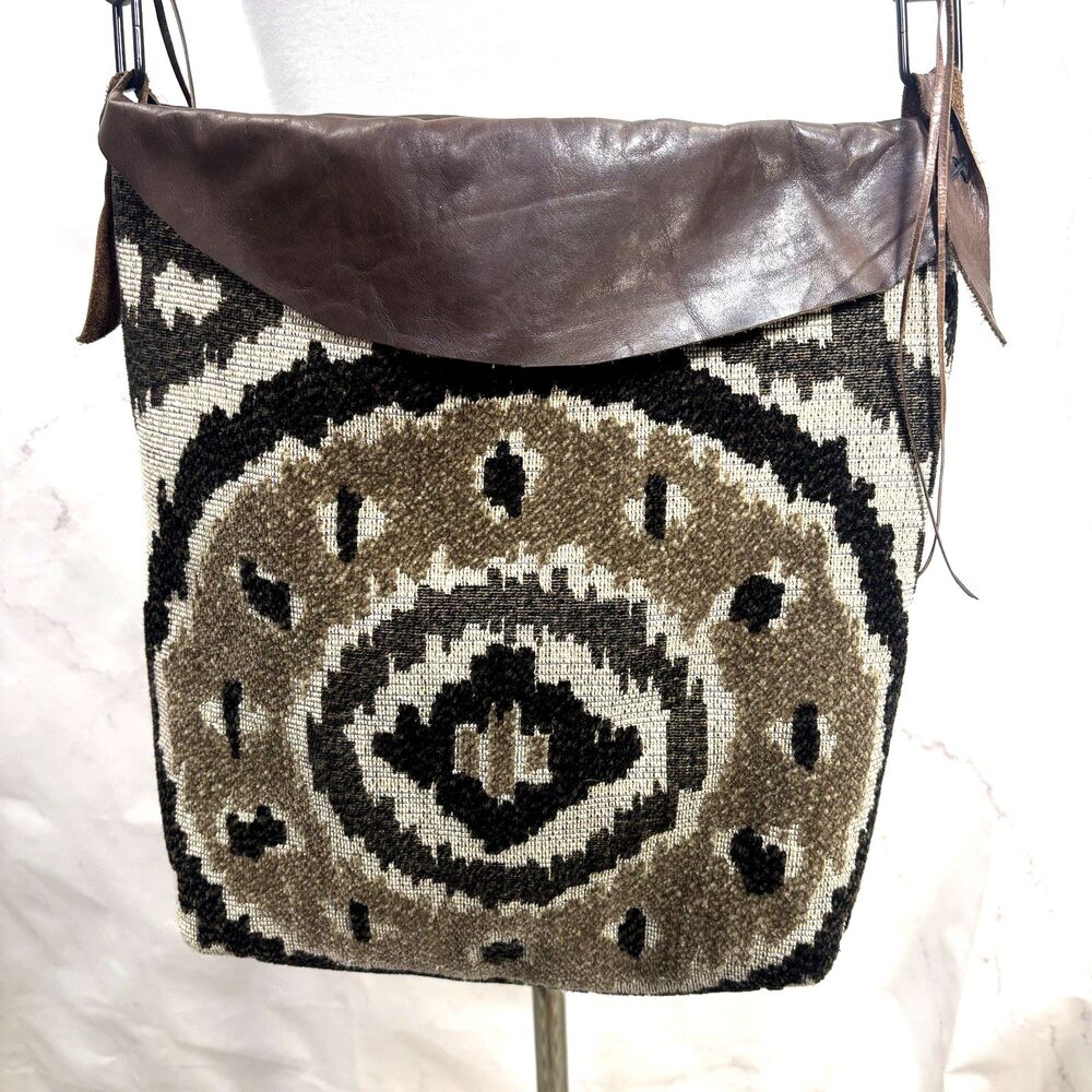 Vintage Boho Southwestern Woven Tapestry Leather Crossbody Bag Carpet Kilim